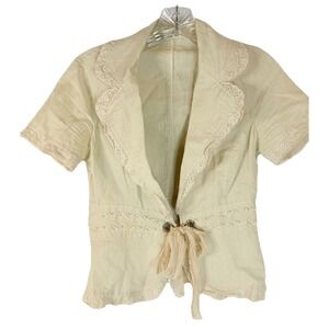 Vintage Y2K Linen Blend Lace Trim Tie Front Blouse Cream Boho Cottagecore Twee S